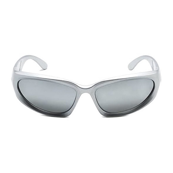 Silver Trendy Y2K Futuristic Wrap Around Street Fashion Sunglasses for Women Men - Picture 2 of 6